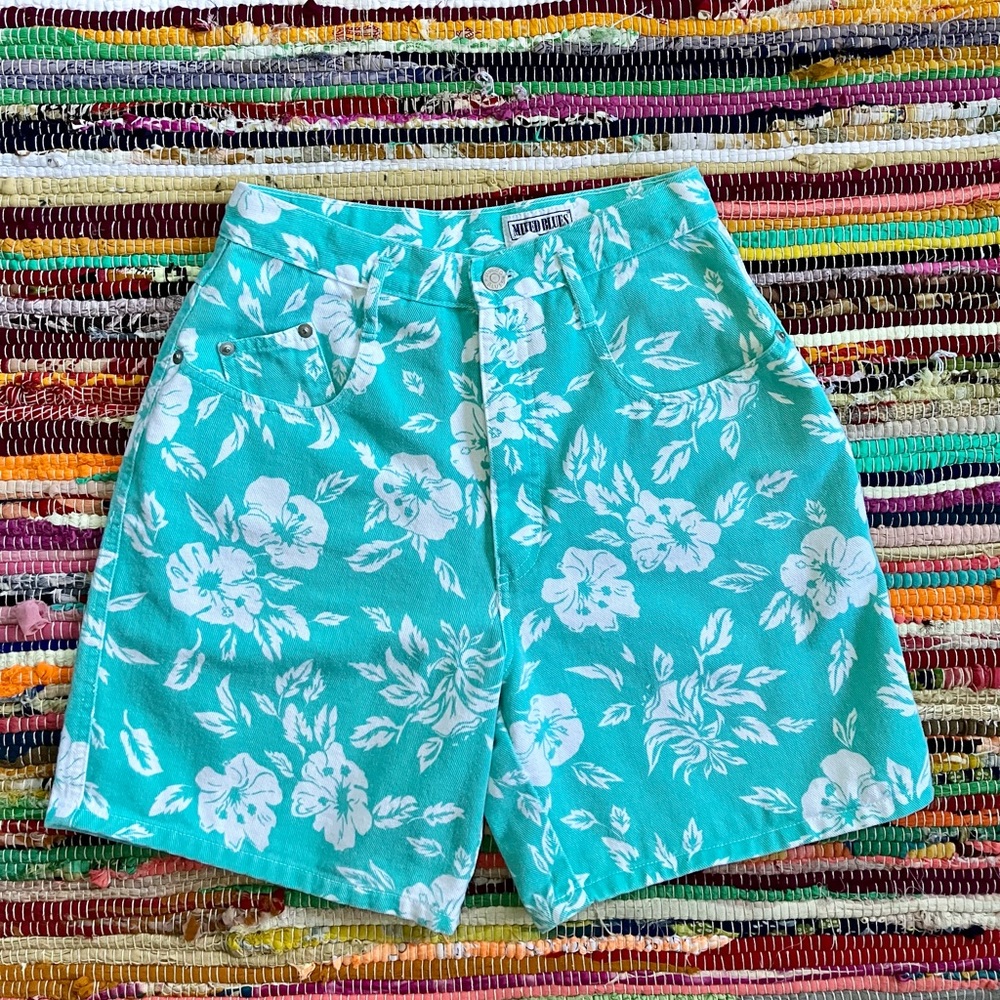 Vintage ~ Mixed Blues tropical print floral denim shorts high waist